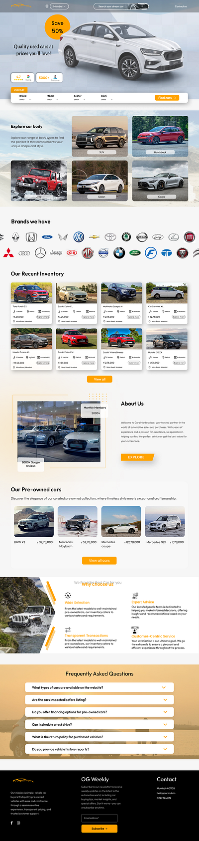 Used car website page asthetic car modern ui website