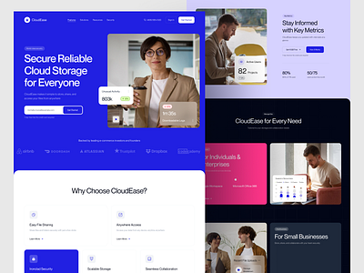 CloudEase - Cloud Computing Landing Page ai app b2b card cloud app cloud system crm file management landing page management saas saas landing page saas product saas website storage storage system ux ui web design web3 website