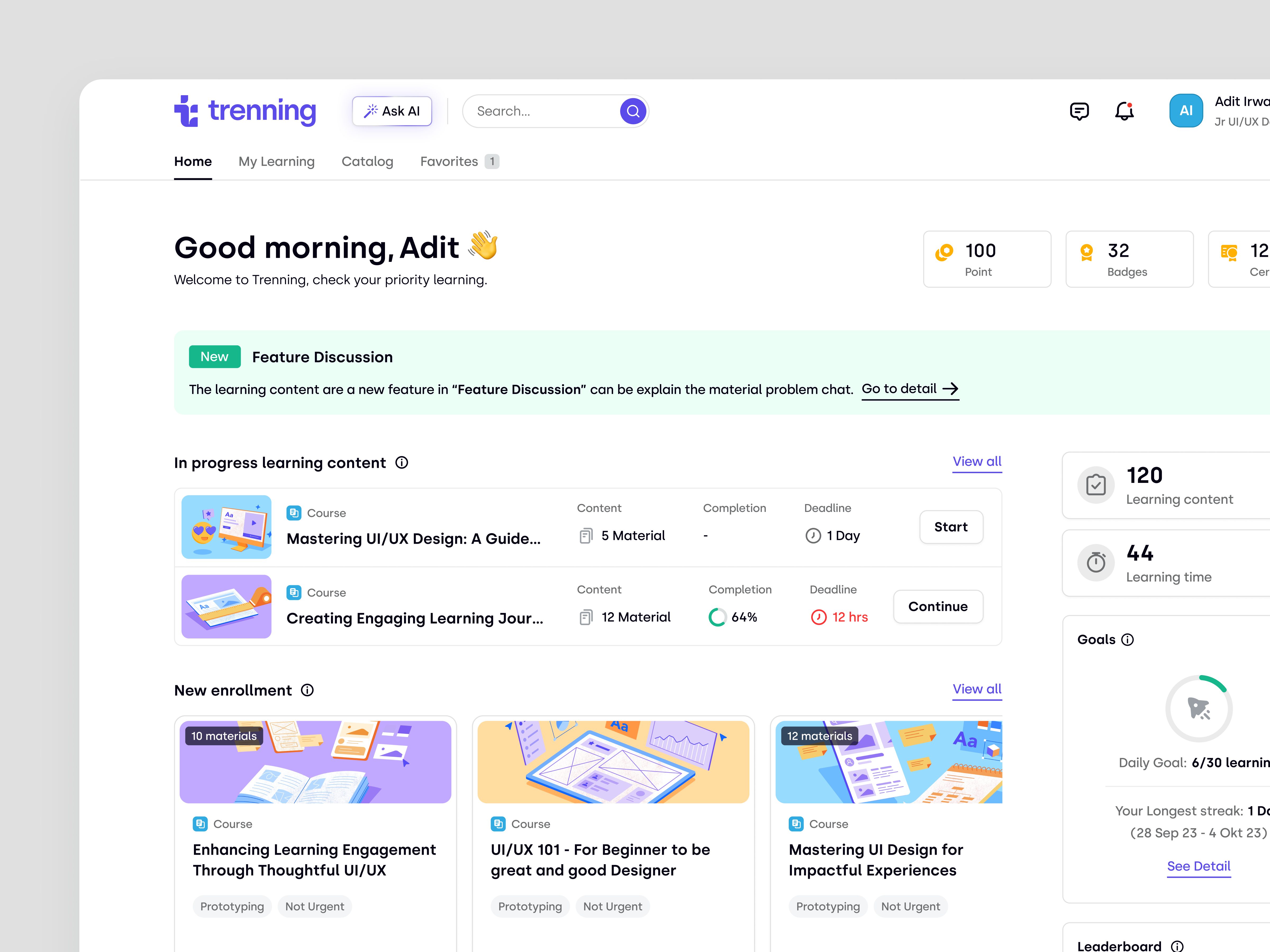 Example of Trenning - Learner Homepage for a SaaS LMS