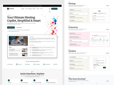 Roundup - Smart Metting Landing Page appointments card clean design home page landing page meeting room meetings minimalist scheduling ui uiux ux web webdesign website design