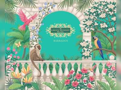 Chocolate luxury gift box packaging illustration. Tropical art animals birds botanical branding chocolate coconut drawing elegant flowers foliage hibiskus illustration luxury macaw monkey packaging palm parrot sophisticated tropical