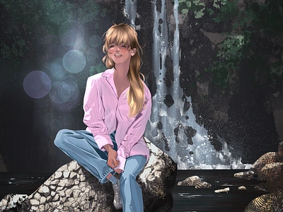 Illustration design girl happy illustration joy rocks spring summer vacation waterfall