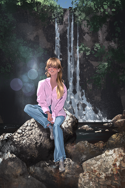 Illustration design girl happy illustration joy rocks spring summer vacation waterfall