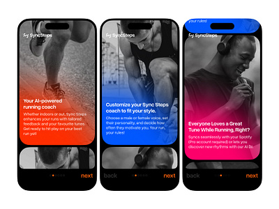 SyncStyeps – Your AI Running Companion – Welcome Screens ai app artwork branding design graphic design illustration logo onboarding running sport ui ui design ux vector