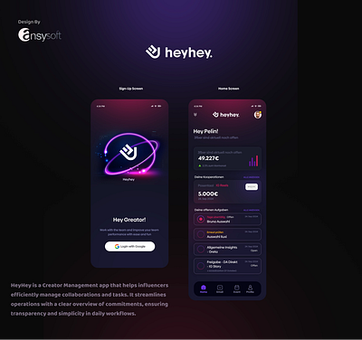 The mobile app " heyhey" has been designed by Ansysoft administrative adobephoshop collaborations creator management effective efficiency empower influencers management mobileapp operations transparency