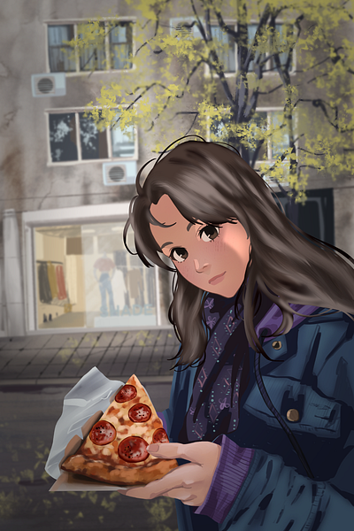 Illustration anime autumn brunette cold design fall girl illustration pizza street