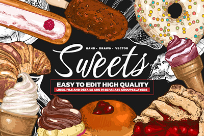 Hand drawn vector sweets&pastry comfort food doodle drawing food hand drawn illustration junkfood line art outline pastry sketch sugar sweets takeway vector yummy