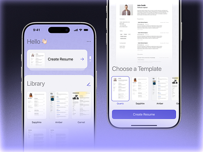 Resume & CV Builder App for IOS app app store builder cover letter cv dark design graphic design interaction ios iphone library mobile mockup modern purple resume templates ui ux