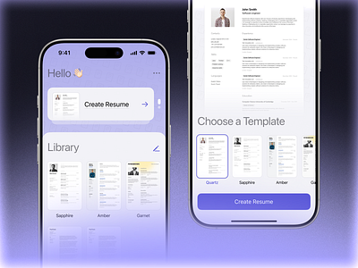 Resume & CV Builder App for IOS app app store builder cover letter cv dark design graphic design interaction ios iphone library mobile mockup modern purple resume templates ui ux