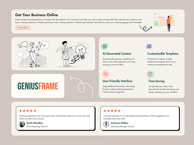 GeniusFrame - AI Presentation Maker Design Concept aidesign branding creativetech documentdesign figma figmadesign geniusframe presentationdesign uidesign uiux webdesign