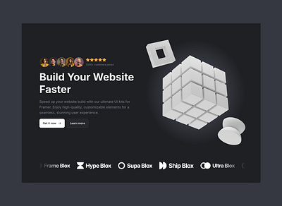 Dark landing page website hero section for Framer - Frameblox UI 3d cta dark header hero landing logos ratings review saas section shapes social proof