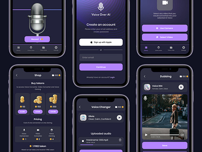 VoiceOver AI App iOS ai app bottom menu dark mode dubbing generative ai ios product design shop screen ui design ui kit uiux user ecperience ux voice ai app