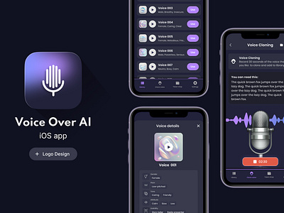 Voice Over AI iOS app and Logo Design app design app icon dark mode generative ai ios product design recording ui design ui kit voice ai voice details voice list