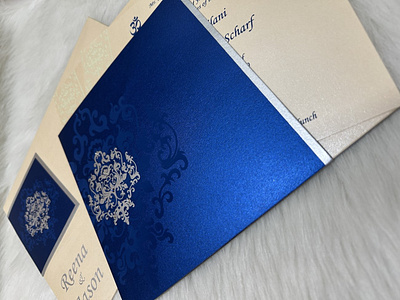 Blue Shimmery Damask Themed - Screen Printed Wedding Card vintage wedding invites