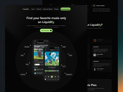 Liquidify - Music Streaming Landing Page figma design figma ui gifma joox landing page landing page design landing page ui mobile design music landing page music pa music streaming spotify ui ui design ui figma web design web ui website website desigfn website template