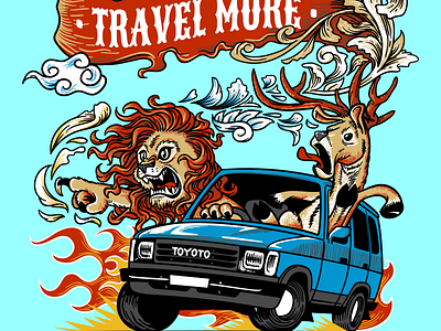 Travel More with Lion and Deer Illustration adventure car cartoon character design decorative deer drawing graphic design illustration lion travel illustration tshirt design vector vintage