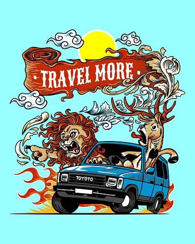 Travel More with Lion and Deer Illustration adventure car cartoon character design decorative deer drawing graphic design illustration lion travel illustration tshirt design vector vintage