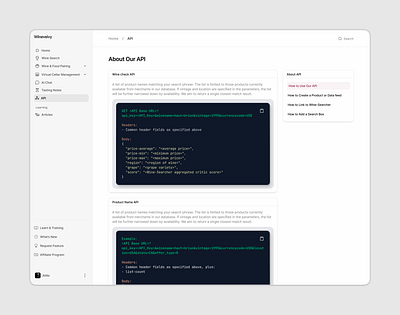 Wineveivy - API Page Design api api design api documentation api page dashboard documentation technical design ui design web design website