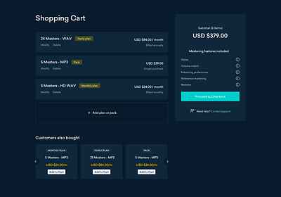 LANDR Pre-Checkout Flow cart checkout product design ui upsell user flows user interface ux