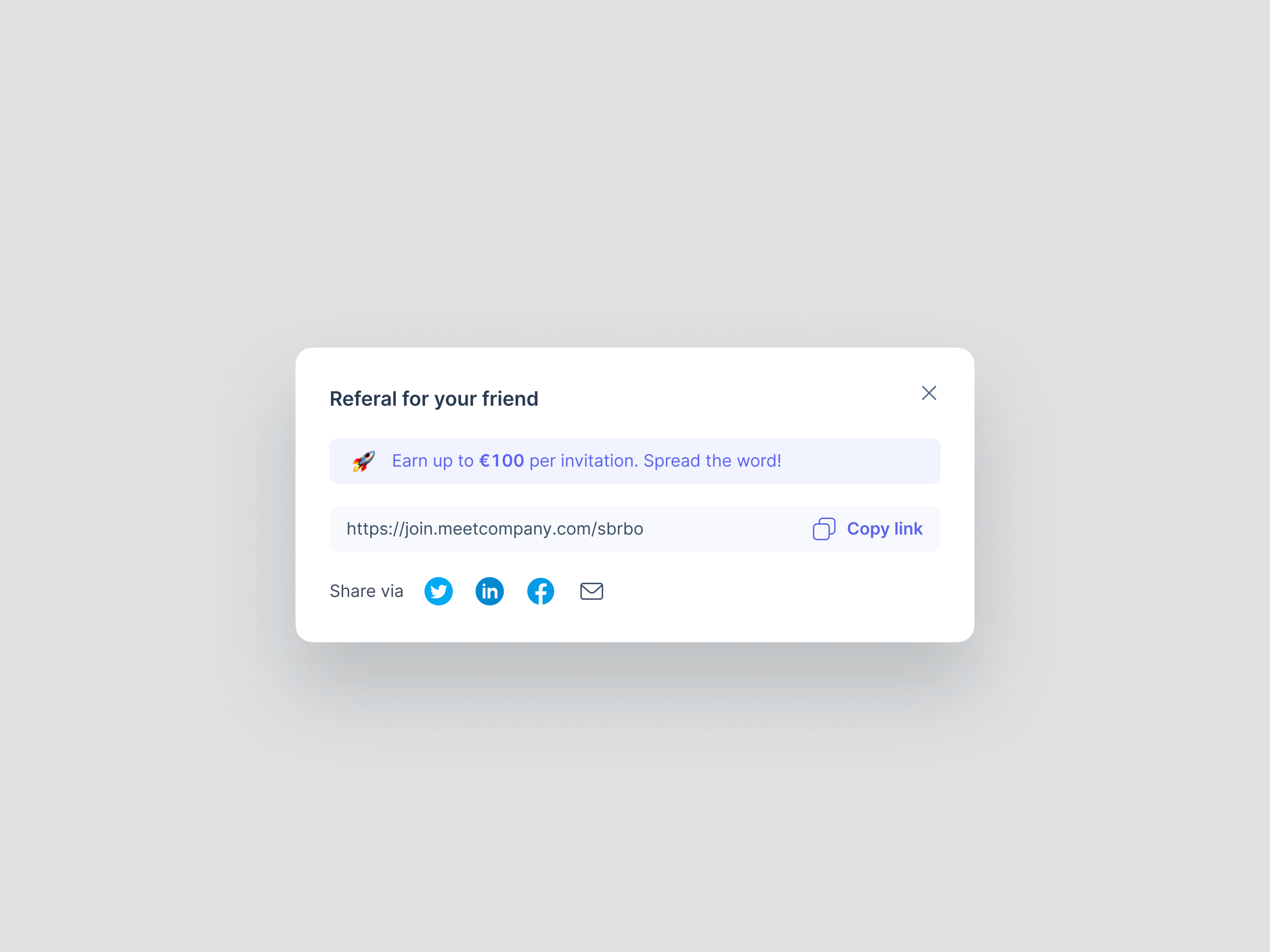 Referal for your friend copy copy link earn invitation invite link modal modals referal referal link referals share social social icon spread ui ux word