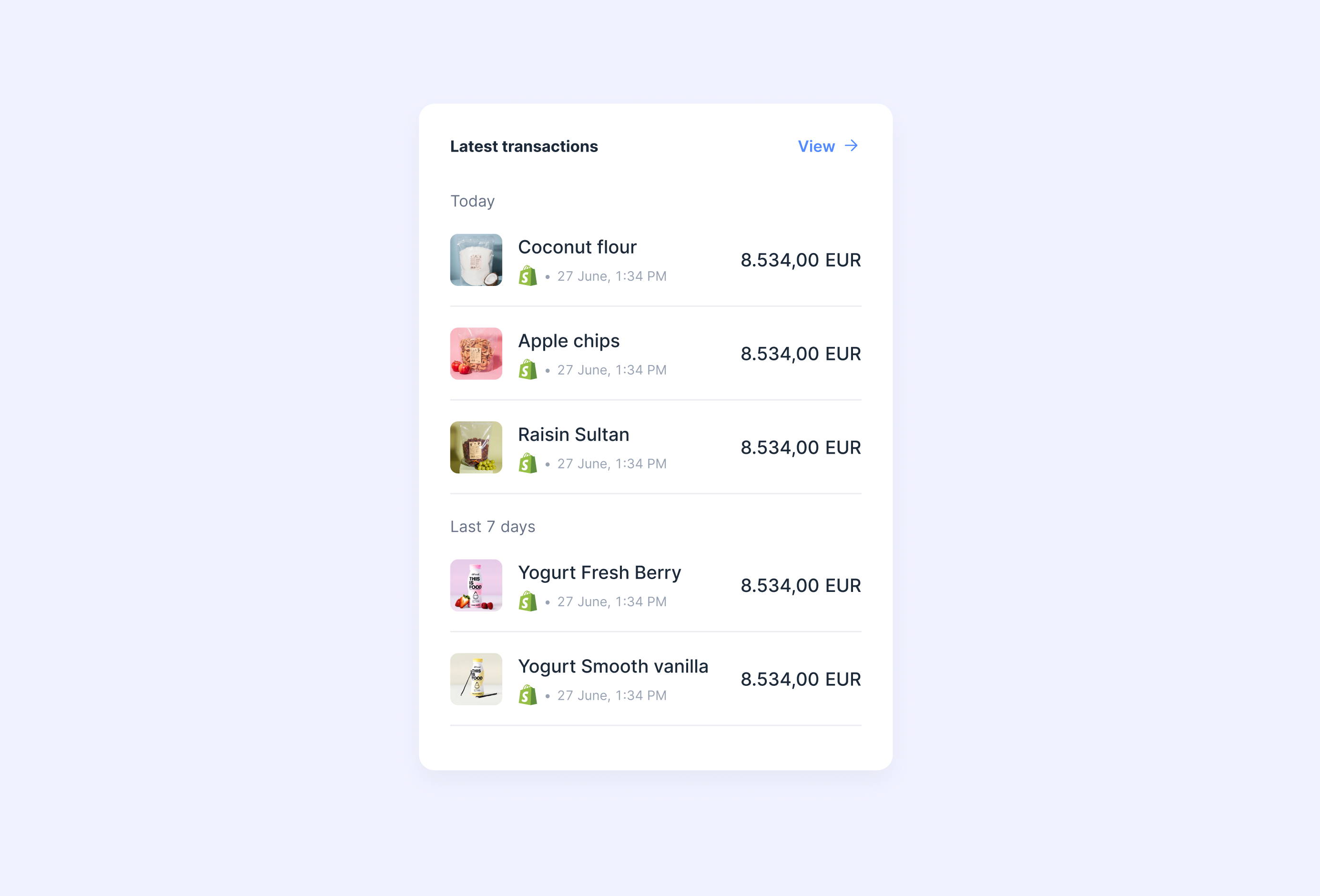 Latest transactions amazon card cards chart ecommerce latest list listing modal shopify today transaction view view more