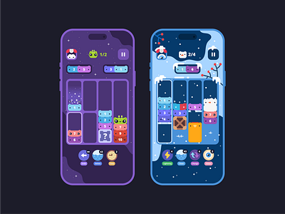 Cats' rectangular puzzle, merge game, level design. brain teaser casual game cats christmas cute flat game level gameplay hypercasual game level design match three game merge game mobile mobile game ui puzzle snow snowman space ufo winter