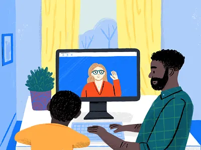 Virtual Therapist art branding character child computer cute dad drawing editorial illustration pastel people picture book room texture