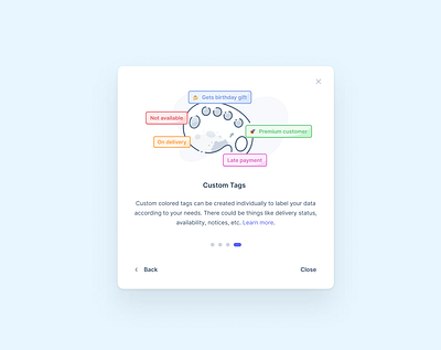Custom Tags available custom tags delivery gift label labels late payment leran like likes modal more notices onboarding payment status tag tags things