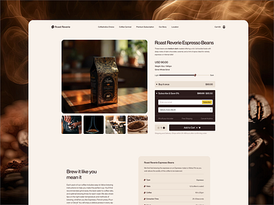 Roast Reverie Single Product Page beverage branding business cafe coffee coffee website design daily ui e commerce food food and drinks food website product design restaurant service single product page subscription ui uiux design web design