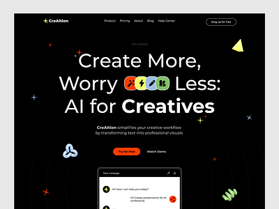 CreAItion AI for Creatives: web design, landing page ai ai landing design landing page ui uiux ux website