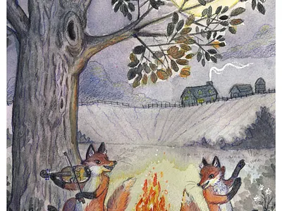 fiddling in the night art autumn fall fox foxes illustration night