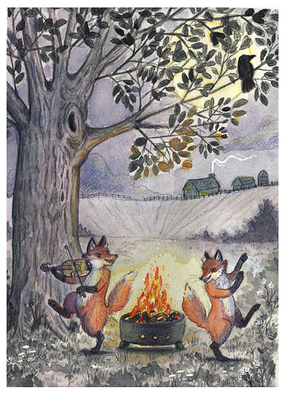 fiddling in the night art autumn fall fox foxes illustration night