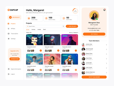 ZAPCAP Ai Video Edit Dashboard ai application colloborate dashboard graphics design invite modern responsive timeline ui ux video edit website zapcap