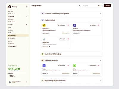 Metricly - Integrations Page business crm dashboard design integrations manage integrations manage tools marketing minimalist sales sales analytics sales dashboard sales tools sections sidebar tools ui ux web app website