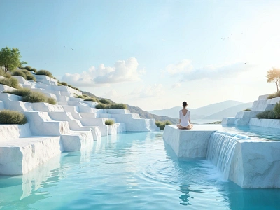 Iconic terraced pools beautiful landscape that evokes a sense ai graphic design meditation peaceful ui wall art wallpaper