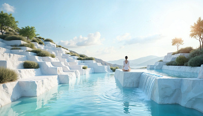 Iconic terraced pools beautiful landscape that evokes a sense ai graphic design meditation peaceful ui wall art wallpaper