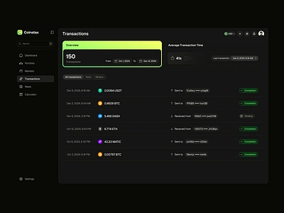 Coinstax: Transactions v1 - Dark Mode bitcoin dashboard bitcoin wallet clean clean dark mode coinstax crypto app crypto dashboard crypto transactions crypto ui dark mode dark mode dashboard dark mode web dark theme dashboard design popular web app trending dashboard ui user interface web app design web3 dashboard