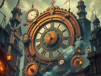 Haunted Metropolis: The Ghostly Gears of Time cityscape clock tower clockwork copper dark fantasy decay freepik gears ghost gothic haunted illustration industrial machinery mysterious rust spirit time tracingflock urban