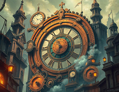 Haunted Metropolis: The Ghostly Gears of Time cityscape clock tower clockwork copper dark fantasy decay freepik gears ghost gothic haunted illustration industrial machinery mysterious rust spirit time tracingflock urban