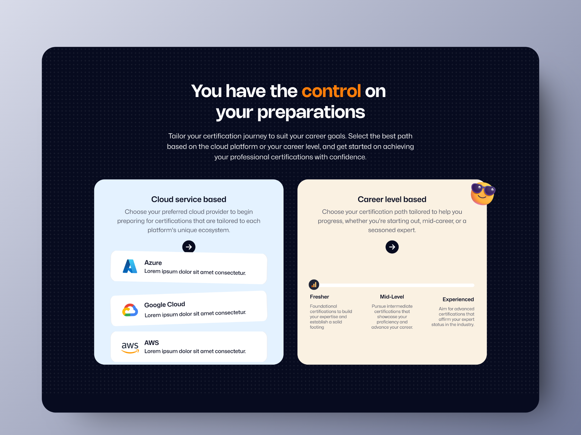 Web: Feature Section for a Certification Preparation Platform biege blue career certeze certifications cloud control dark mode duolingo emoji landing mobile modern ui ux web