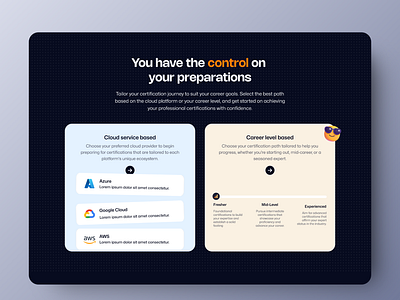 Web: Feature Section for a Certification Preparation Platform biege blue career certeze certifications cloud control dark mode duolingo emoji landing mobile modern ui ux web