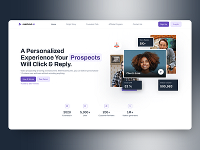 Web: Hero concept for AI Video Marketing & Outreach Platform ai clean concept elegant hero landing marketing outreach prospects purple reachout simple ui ux video