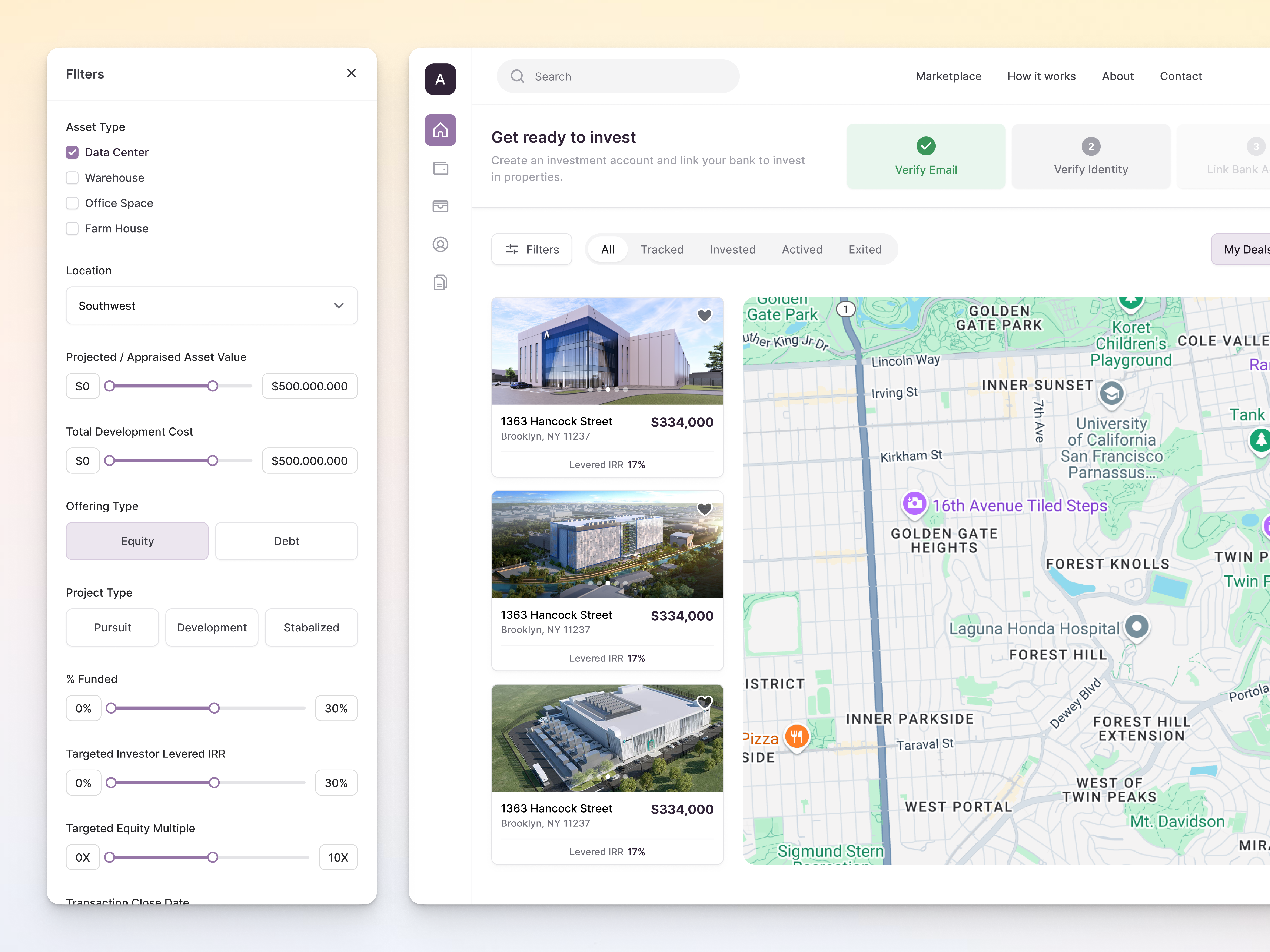 Real Estate Marketplace UI - Map View with Smart Filters asset management filters panel interactive map investment platform map integration map view ui minimal ui property listing real estate app real estate dashboard real estate filters responsive design