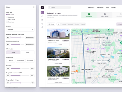 Map view with filters - Real estate asset management filters panel interactive map investment platform map integration map view ui minimal ui property listing real estate app real estate dashboard real estate filters responsive design