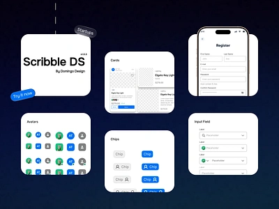 Scribble DS By Domingo branding color styles component library dark mode design system design tools figma figma variables landing page light mode mobile app mobile desktop interface responsive design saas scalable ui typography system ui design ux design web app website