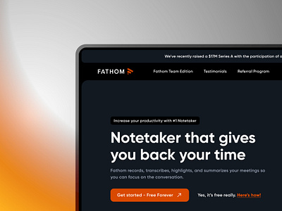 Web: Hero concept for AI Notetaker Application ai app blue dark mode design fathom hero landing modern notetaker orange productivity record ui video web