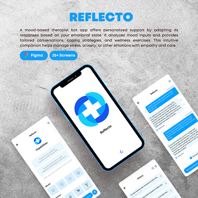 Reflecto Mobile Application Design activities anxiety chatbot chatgpt chatting doctor metal stress mobile a[pp mobile app mood control moods suggestions therapist ui