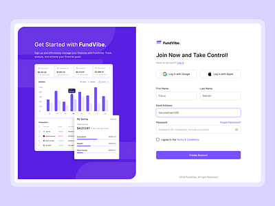 FundVibe - Sign Up/Sign In Page dashboard design desktop finance fund log in money sign in sign up signin signup ui uiux uiux design ux vibe web web design website