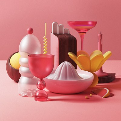 Grapefruit sorbet 3d 3d product blender ccompoosition cgi design digital art grapefruit illustration pink product product design red render set set design stll life yellow