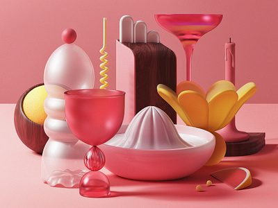 Grapefruit sorbet 3d 3d product blender ccompoosition cgi design digital art grapefruit illustration pink product product design red render set set design stll life yellow